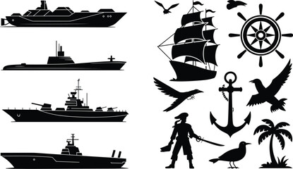 Maritime and naval silhouette icons set featuring warships submarine pirate ship anchor compass and nautical symbols vector collection © SreeRupali