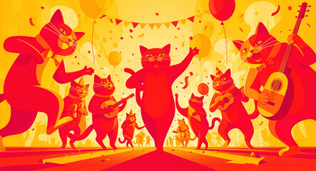 Fototapeta premium Cheerful cartoon cats celebrating at a festive party. Feline characters play instruments and dance with balloons. Whimsical pet event concept for greeting cards and fun marketing.