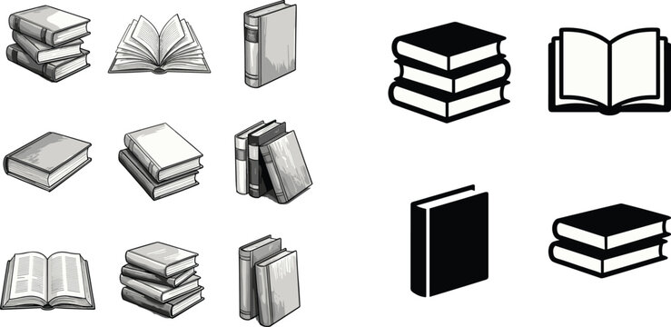 Collection of detailed book illustrations and minimalist book icons in grid layout, representing education, reading, and knowledge concepts