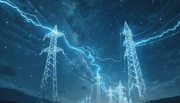 Electric power transmission towers with lightning strikes under a starry night sky with mountains in the background and a dark blue color scheme