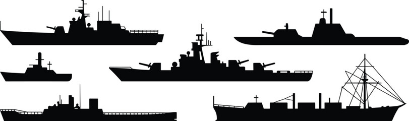 Military warship silhouettes set featuring navy vessels destroyers frigates and patrol boats isolated black vector collection © SreeRupali