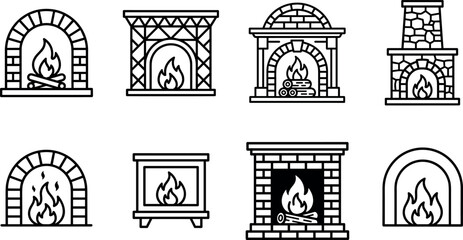 Fototapeta premium Minimal fireplace vector icon set with burning hearth chimney and brick fire designs isolated on background