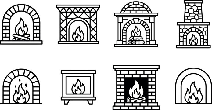 Minimal fireplace vector icon set with burning hearth chimney and brick fire designs isolated on background