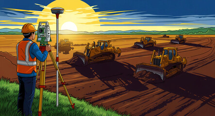 Fototapeta premium Surveyor using equipment at a construction site with bulldozers. Engineer measuring topography at sunset for development. Civil engineering concept for construction marketing and planning.