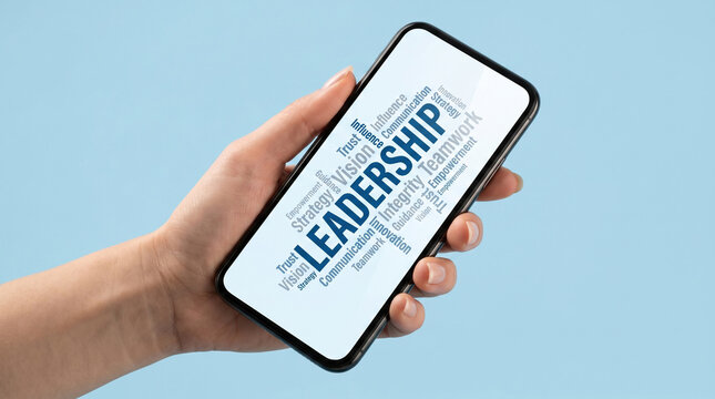 Hand holding smartphone displaying leadership word cloud