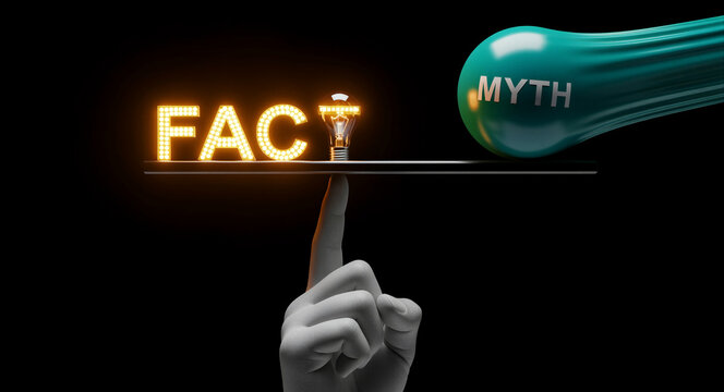 Hand balancing a scale between the glowing word Fact and a Myth ball. Illuminated text and lightbulb represent truth against deception. Concept for journalism, education, and science debunking.