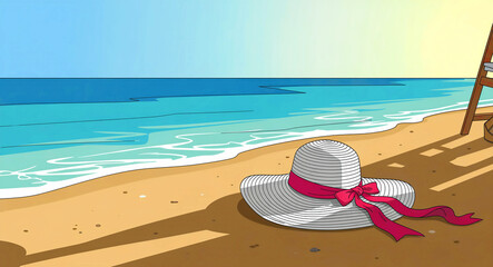 Obraz premium White sun hat with pink ribbon on a sandy beach. Calm ocean waves and blue sky in a cartoon illustration. Summer vacation concept, ideal for travel marketing.