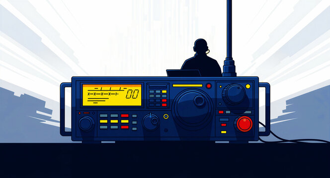 Professional radio transceiver equipment with operator silhouette in the background. Ham radio base station featuring digital displays and controls. Communication and broadcasting concept.