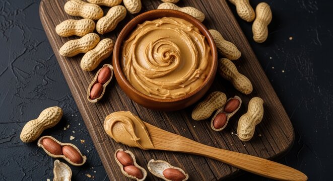 Bowl of creamy peanut butter with peanuts in shells on a wooden board