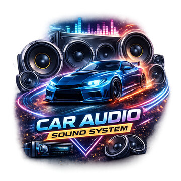 car audio system, sound system artwork, car speakers, automotive audio, bass boost, subwoofer, music system, promotional design, car interior, audio installation, powerful sound, custom audio, speaker