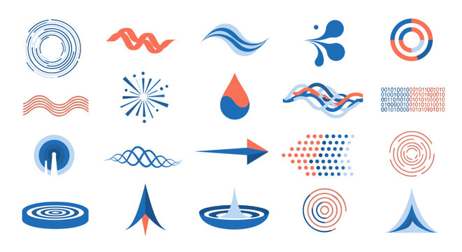 A varied collection of blue and orange aquatic themed icons including water droplets spirals and digital code segments arranged on a white background surface.