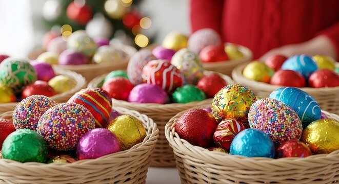 Colorful easter eggs in wicker baskets with blurred christmas tree background