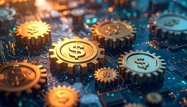 Cryptocurrency gears on circuit board.