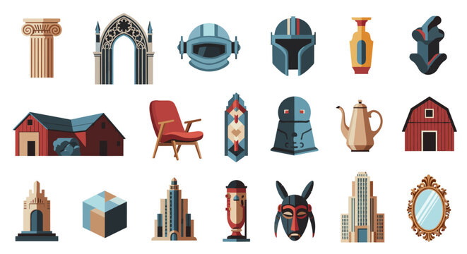 An architectural and historical collection of icons featuring grand buildings and ornate decorative objects displayed on a solid light background in a flat design style.
