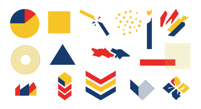 An array of abstract geometric shapes including pie charts, triangles, cubes, and scattered dot patterns arranged in a grid on a solid light beige background in flat design.