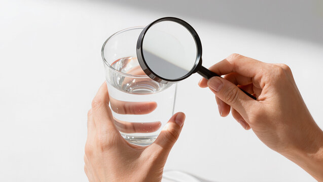 Magnifying Glass Inspecting Clean Drinking Water in Glass