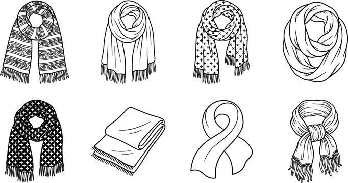 Winter scarf vector collection with elegant knitted wraps and fashion accessories isolated for seasonal clothing design projects