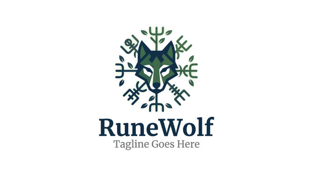 Illustration of a wolf head emblem surrounded by a circular runic pattern
