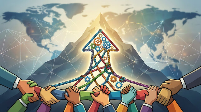 Abstract digital business success arrow showing upward growth connection and financial progress within a futuristic network concept with glowing nodes and data visualization background.