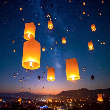 Glowing lanterns flying in night sky.