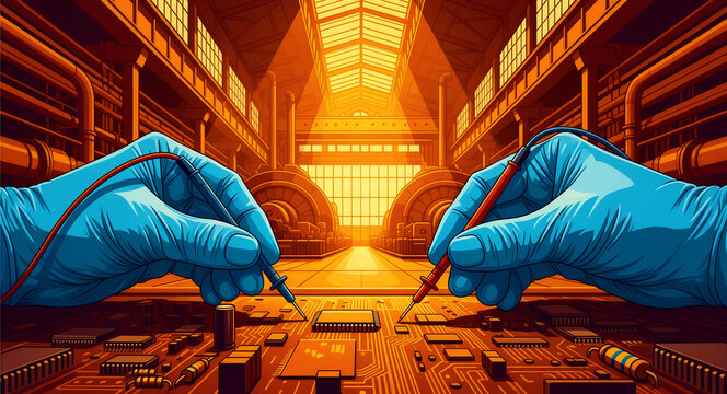 Gloved hands using multimeter probes on an electronic circuit board. Stylized industrial factory setting with warm golden light. Ideal for electronics manufacturing and technology marketing.