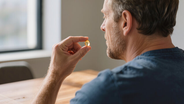 Man holds golden omega-3 capsule considering health benefits