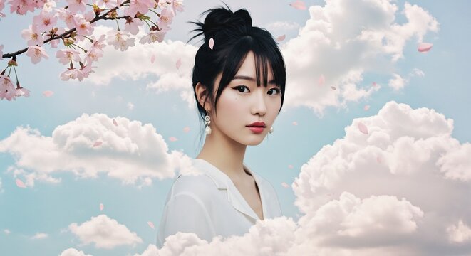 春の息吹を感じさせる桜が舞い光り輝く青空と白い雲が織りなす幻想的な世界で穏やかに佇む黒髪の美しい女性. AI Generated