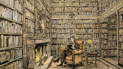 Cozy Library Reading Nook - Vintage Study, Fireplace, Armchair, Bookshelves © Nimker harva