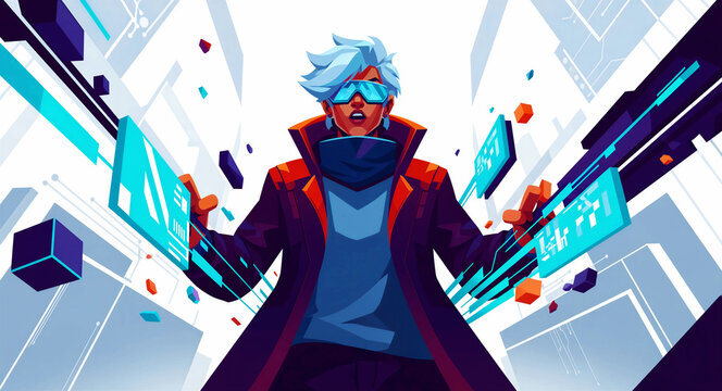 Futuristic hacker wearing goggles manipulating digital interfaces. Stylized character interacting with data screens in a virtual environment. Metaverse and VR concept, ideal for gaming and tech.