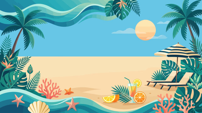 Summer resort beach vector banner background with sun lounger umbrella cocktail and tropical palm trees