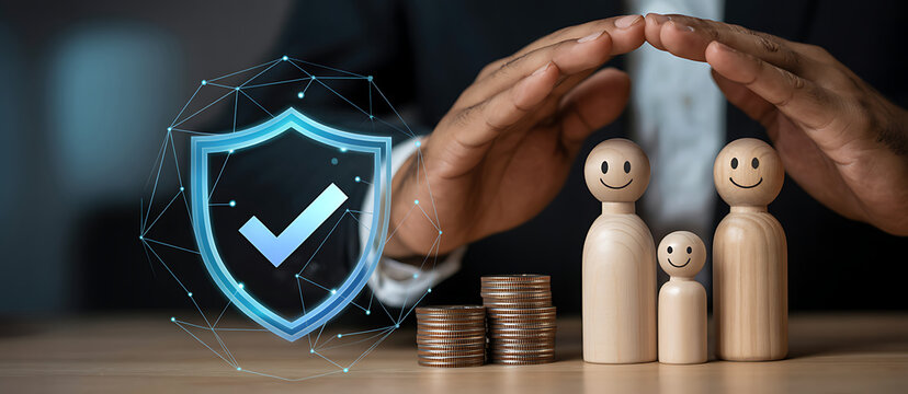 Insurance agent hands protecting family wooden figures with shield icon and money coins on desk represent security financial protection life assurance and risk management concept.