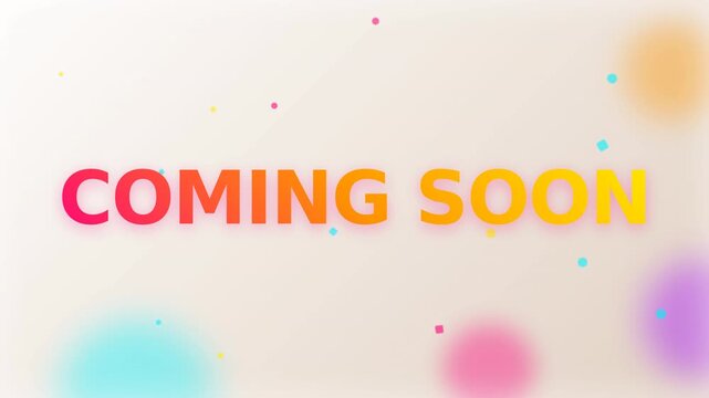 Soft pastel gradient background with colorful confetti dots and bold 3d text reading coming soon, promotional announcement banner with copy space.