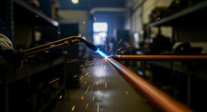 Professional welding copper pipes with a gas torch in a workshop. Intense blue flame and sparks fly during the metal joining process. Industrial hvac repair concept, ideal for plumbing marketing.