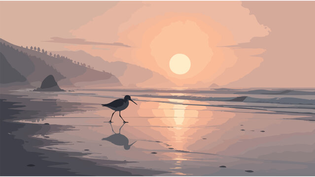 Serene Beach Sunset with Shorebird and Reflection - Coastal Landscape for Travel & Nature Projects