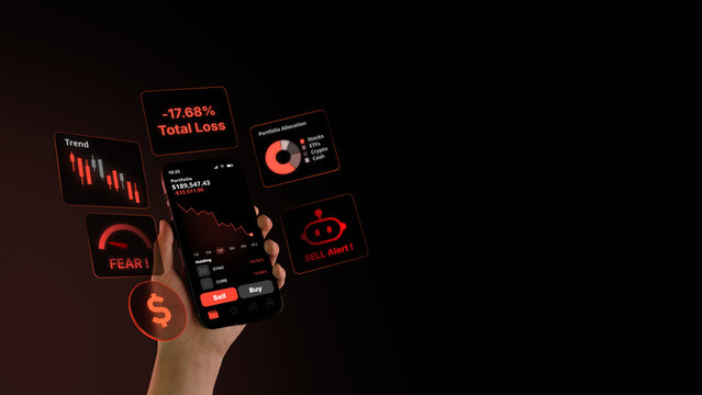 Hand Holding Smartphone with Stock Trading App, Portfolio Loss, Falling Chart, AI Trading Bot, Bear Market Decline and Fintech Investment Dashboard