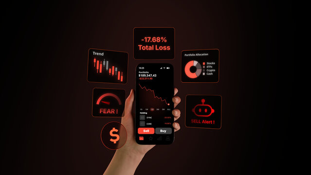 Hand Holding Smartphone with Stock Trading App, Portfolio Loss, Falling Chart, AI Trading Bot, Bear Market Decline and Fintech Investment Dashboard