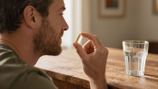 Man Taking Gel Capsule with Water for Wellness