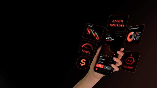 Hand Holding Smartphone with Stock Trading App, Portfolio Loss, Falling Chart, AI Trading Bot, Bear Market Decline and Fintech Investment Dashboard