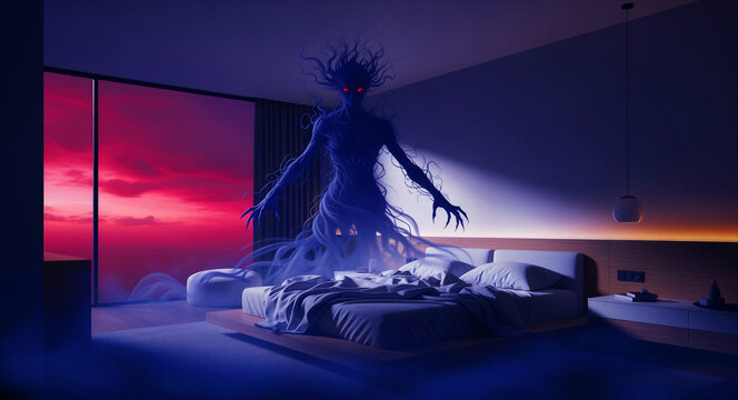 Shadowy demonic entity looming over a bed in a dark modern bedroom. Ghostly figure with glowing red eyes haunting a room during a blood red sunset. Sleep paralysis and nightmare concept.