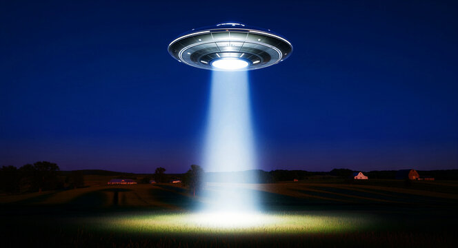 UFO flying saucer hovering over a rural field at night emitting a bright beam. The glowing tractor beam illuminates the farm landscape under a dark sky. Science fiction alien abduction concept.