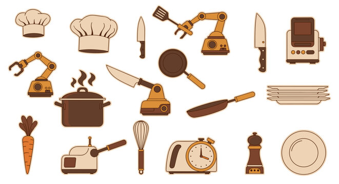 Various kitchen essentials like robotic arms, chef hats, assorted knives, pans, and a stack of white plates are organized on a plain white studio setting surface.