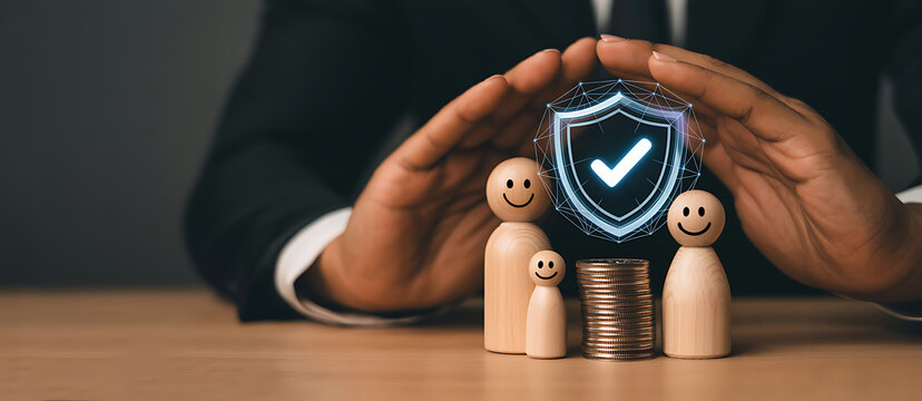 Hands protecting family figurines and stack of coins under shield symbol signifying insurance coverage and financial security for life and property protection.