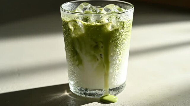 Close-up of an iced matcha latte in a glass with condensation droplets. Green tea swirls into white milk with ice cubes. Natural sunlight creates shadows on the table surface.