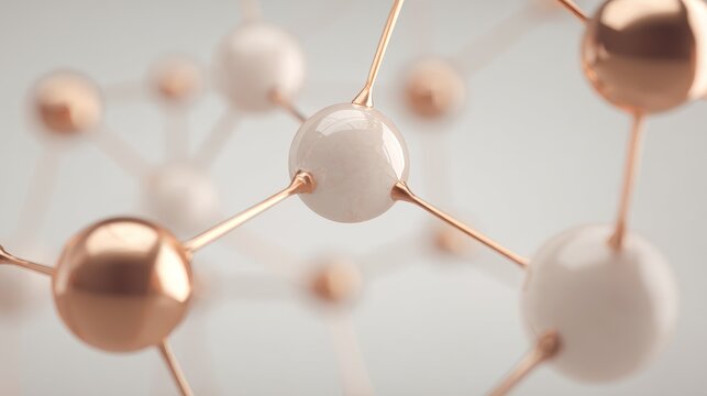 Geometric molecular network with spherical nodes and lines illustrating ionic bonds, symmetrical 3D structure, minimalist design, soft lighting, neutral and copper tones