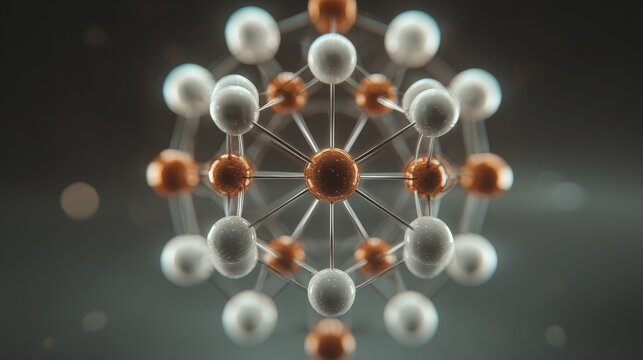 Geometric molecular network with spherical nodes and lines illustrating ionic bonds, symmetrical 3D structure, minimalist design, soft lighting, neutral and copper tones