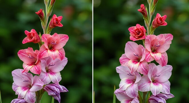 夏の庭で優雅に咲き誇るピンクと紫のグラジオラスが柔らかな木漏れ日を浴びて繊細な花びら一枚一枚が鮮やかに輝き見る者を魅了する息をのむ美しさ. AI Generated