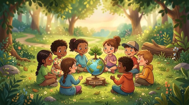 Children sit in circle around tiny planet Earth model. Youngsters learn about global nature, conservation, and ecology. Kids engage in environmental awareness, caring for our world. Environmental cons