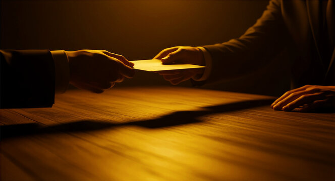 Hand giving envelope to a man in a suit across a table. Secret transaction occurring in dramatic low-key lighting. Bribery and corruption concept for political scandal or corporate crime visuals.