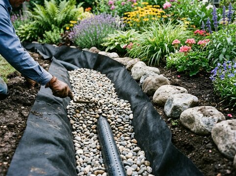 Trench with perforated pipe in gravel, landscape fabric, yard grading slope and decorative river rock for french drain installation. French Drain / Drainage / Landscaping Installation