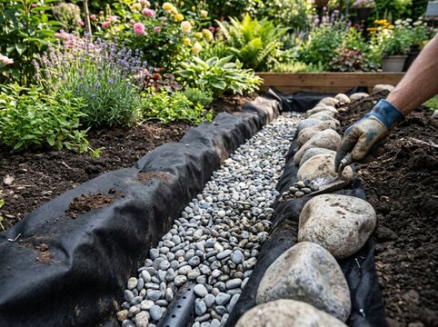 Trench with perforated pipe in gravel, landscape fabric, yard grading slope and decorative river rock for french drain installation. French Drain / Drainage / Landscaping Installation